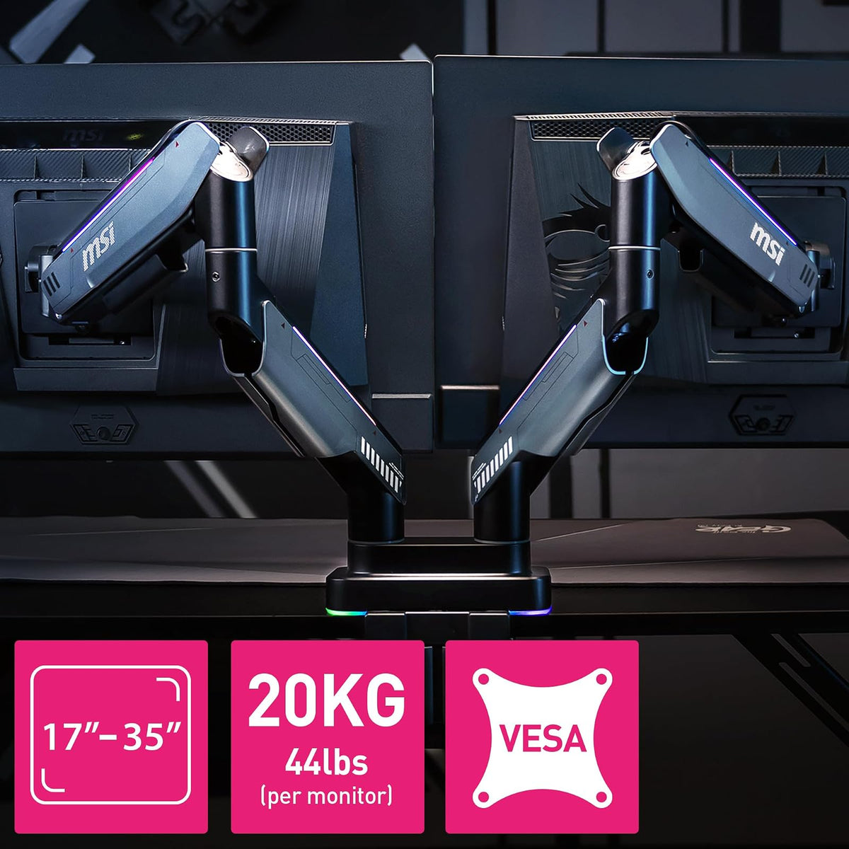 MSI MPG MT201DR V2 - Brazos de Soporte para Monitor Dual RGB Premium, Soporte de 17-35", Compatible con VESA, Soporte Ajustable Resistente con Resorte de Gas, Capacidad de 20 kg por Pantalla