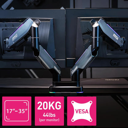 MSI MPG MT201DR V2 - Brazos de Soporte para Monitor Dual RGB Premium, Soporte de 17-35", Compatible con VESA, Soporte Ajustable Resistente con Resorte de Gas, Capacidad de 20 kg por Pantalla