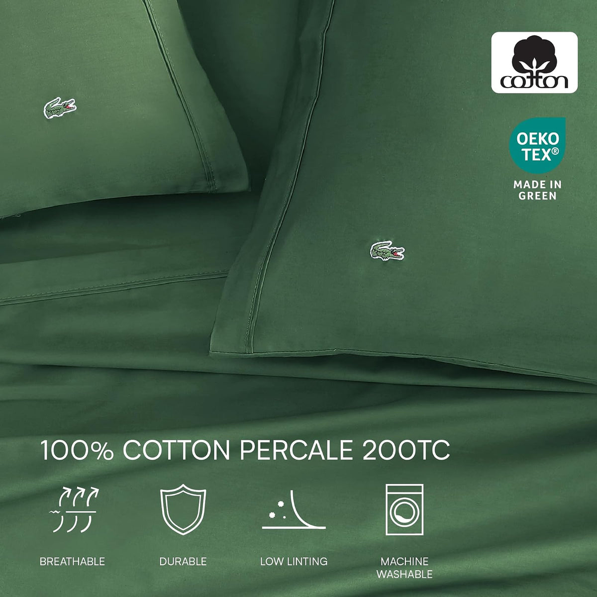 Lacoste - Juego de sábanas de percal 100% algodón, 4 Piezas, Fresco, nítido, Mate y Duradero, Certificado Oeko-Tex, sólido, Verde, Completo