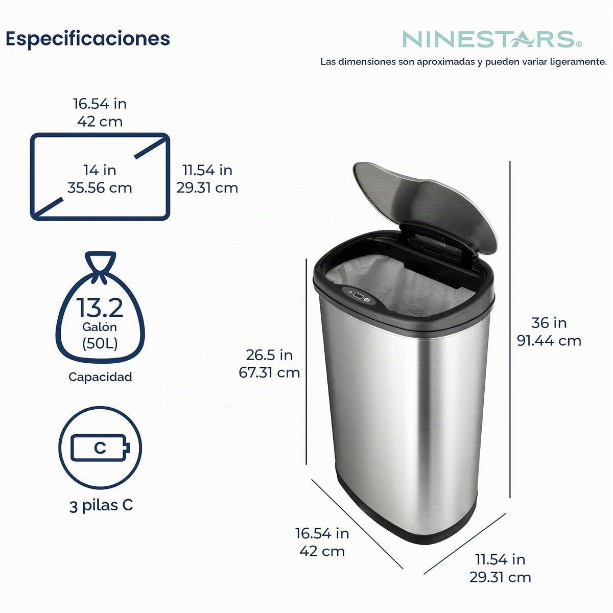 Ninestars DZT-50-25 Bote de basura con sensor de movimiento, grande, plateado