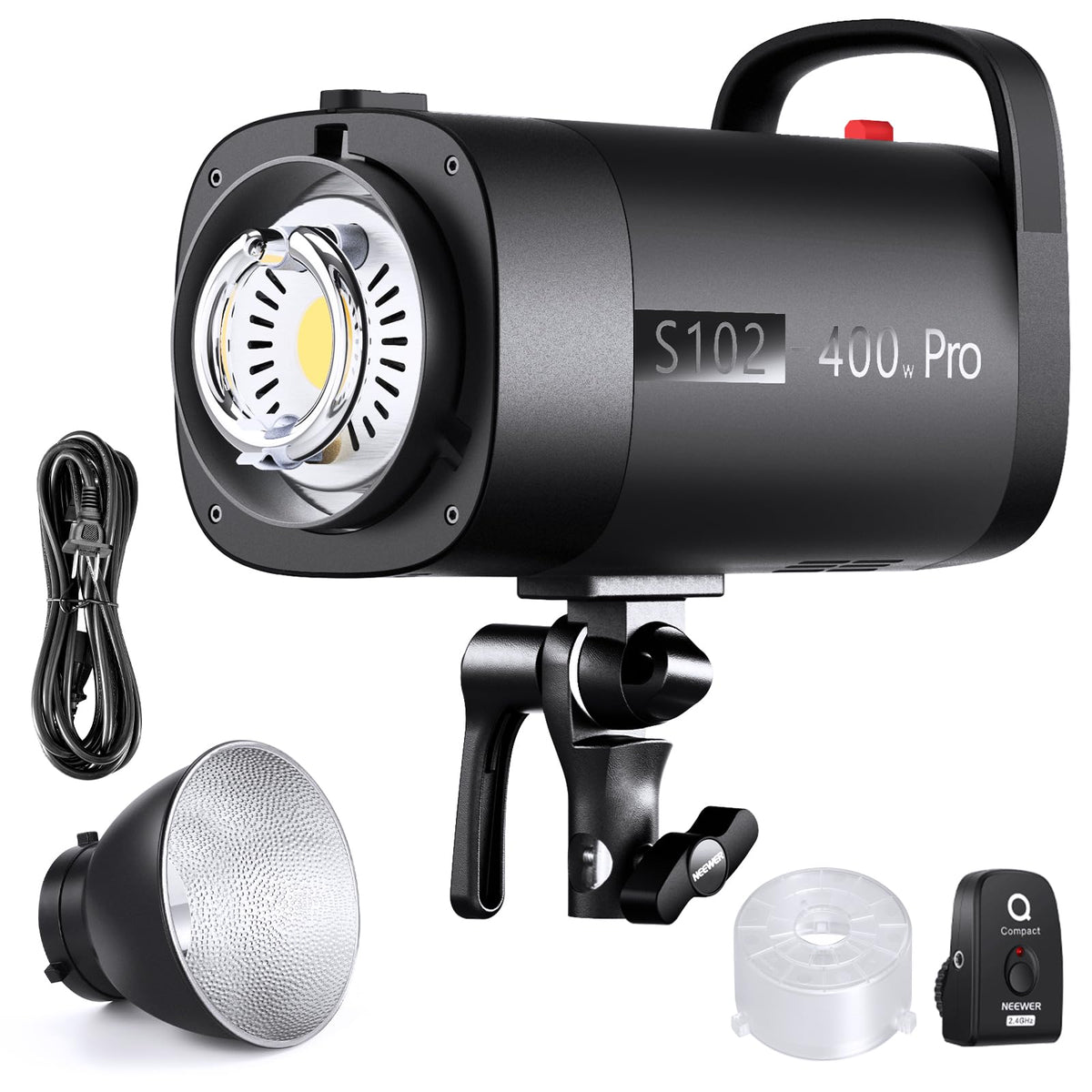 NEEWER S102-400W Pro Fash Luz Strobe con Disparador 2.4G, 400Ws GN62 5600K con 30W Lámpara de Modelar LED Reflector Montaje Bowens Modo S1/S2 Ventilador para Fotografía Productos,Compatible con QPRO