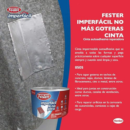 Fester Imperfácil Cinta Impermeable Para Tapar Goteras, Ideal para Techos de Concreto, Tejas, Domos, Láminas de Fibrocemento, Entre Otros, Fácil de Aplicar, Blister de 10 Metro
