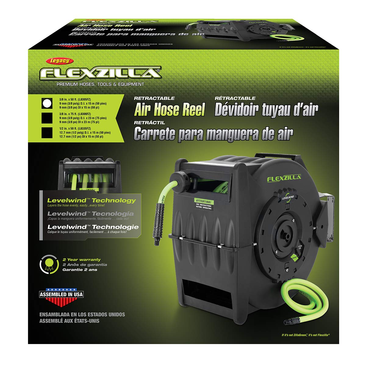 Flexzilla Pro Levelwind - Carrete de manguera de aire retráctil, 3/8 pulgadas. x 50 pies, resistente, ligero, híbrido, ZillaGreen - L8305FZ
