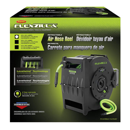 Flexzilla Pro Levelwind - Carrete de manguera de aire retráctil, 3/8 pulgadas. x 50 pies, resistente, ligero, híbrido, ZillaGreen - L8305FZ