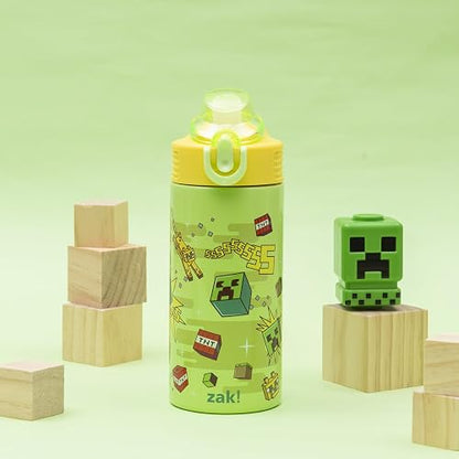 Zak Designs Minecraft Sage - Botella de agua para niños para la escuela o viajes, botella de agua de acero inoxidable de 14 onzas con popote, mango y a prueba de fugas, cubierta de boquilla