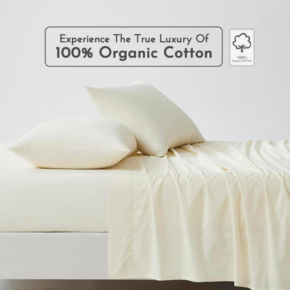 Linen Closet - Juego de 4 sábanas de algodón orgánico 100% algodón, Bolsillo Profundo de 18 Pulgadas, Color Marfil Fresco, Ligero, algodón ecológico, suavidad de percal, Duradera y Transpirable