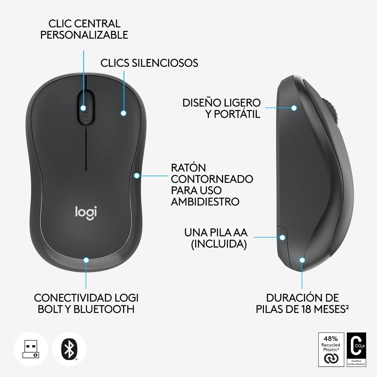 Logitech M240 for Business, Mouse inalámbrico silencioso, Receptor USB Logi Bolt Seguro, Bluetooth, certificación Global para Windows, Mac, Chrome, Linux, iPadOS, Android - Grafito