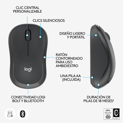 Logitech M240 for Business, Mouse inalámbrico silencioso, Receptor USB Logi Bolt Seguro, Bluetooth, certificación Global para Windows, Mac, Chrome, Linux, iPadOS, Android - Grafito
