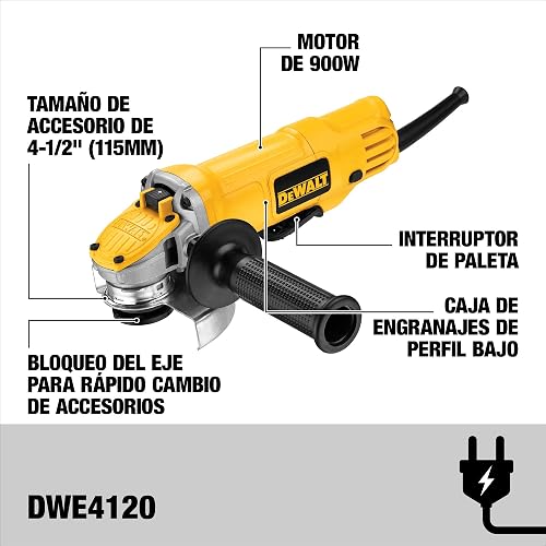 DEWALT Esmeriladora Angular de 4-1/2" (115mm) 900W, HP, Incluye Mango Lateral y Guarda, DWE4120