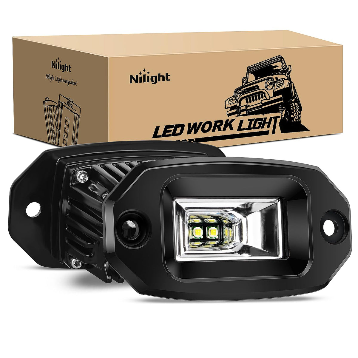 Nilight 2 PCS 20W Flush Mount LED Pods Flood Beam Work Light Offroad Fog Reverse Backup Driving Lights for Bumper Truck ATV UTV SUV Boat