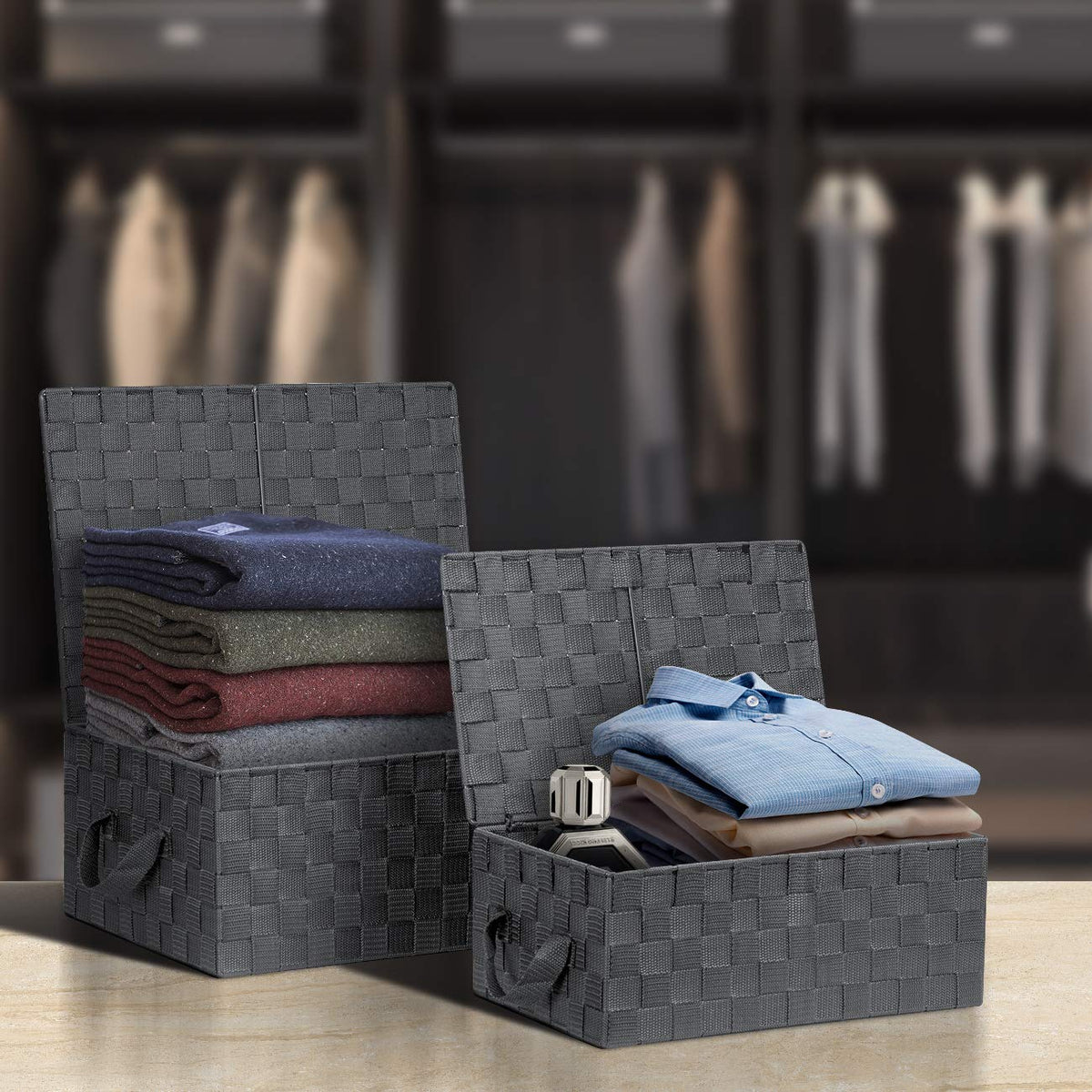 Sorbus Set of 3 Storage Baskets for Organizing with Lid, Mesh Hand-Woven Design, Linen Closet Organizers and Storage, Organizer Storage Baskets for Shelves, Variety Pack Organizers and Storage (Gray)
