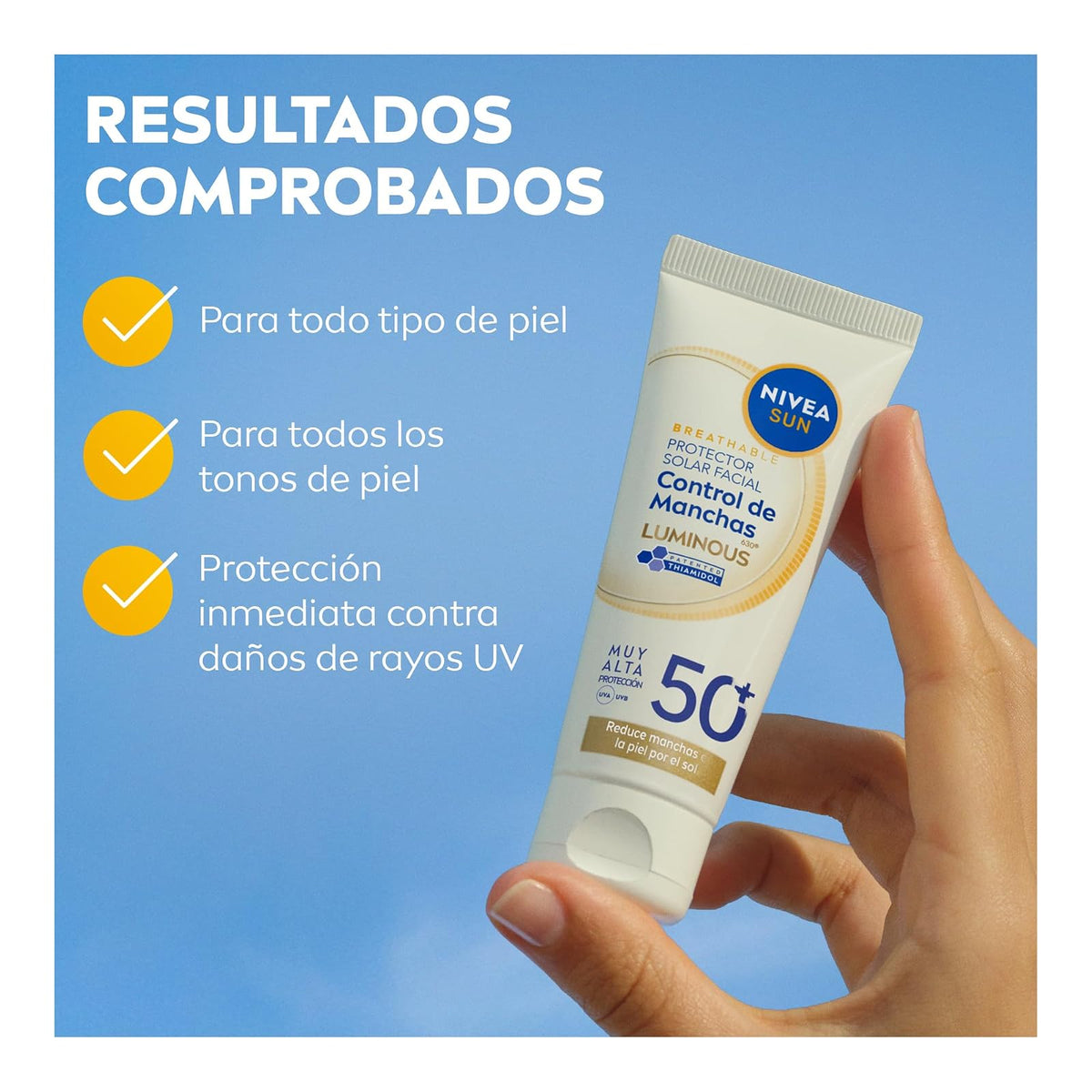 Protector Solar Facial NIVEA SUN Control De Manchas Luminous 630° Con Thiamidol Fps50+ 40Ml, con ácido hialurónico