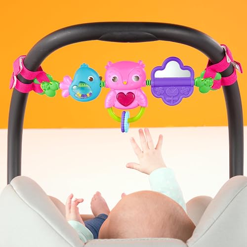 Bright Starts - Barra de Juguetes para bebé, Espejo Giratorio, búho Musical, sonaja, fácil de Transportar, a Partir de 0 Meses