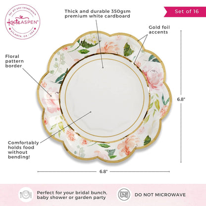 Kate Aspen Pink Floral 7 pulgadas. Platos de papel decorativos de primera calidad (350 g/m² de peso, juego de 16), perfectos para despedidas de soltera y bodas,