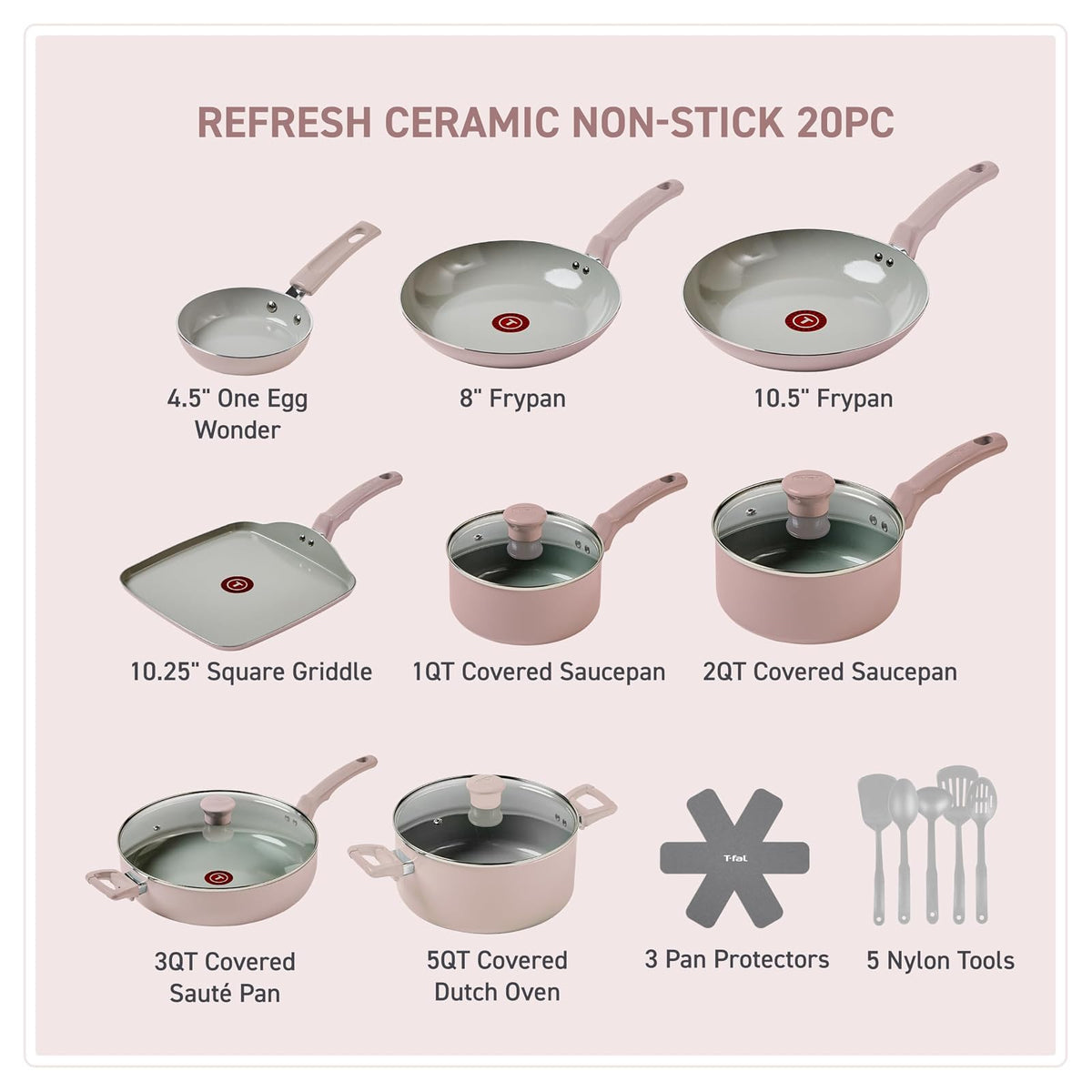 T-fal Batería de Cocina 20 Piezas Refresh Cerámica Antiadherente, Ollas y Sartenes, Apta para Horno hasta 380°F, Set Completo para Cocina, Uso Diario, C493SK74