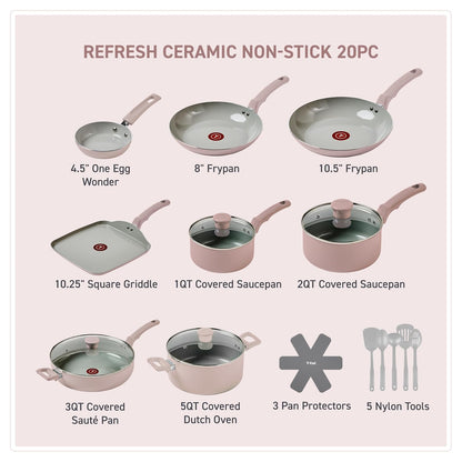 T-fal Batería de Cocina 20 Piezas Refresh Cerámica Antiadherente, Ollas y Sartenes, Apta para Horno hasta 380°F, Set Completo para Cocina, Uso Diario, C493SK74