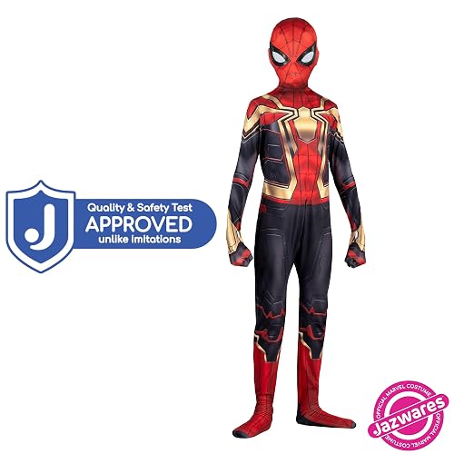 Marvel - Disfraz de Zentai de lujo oficial de Spider-Man integrado para jóvenes, elastano elástico con cremalleras ocultas y aberturas para la muñeca (M) multicolor