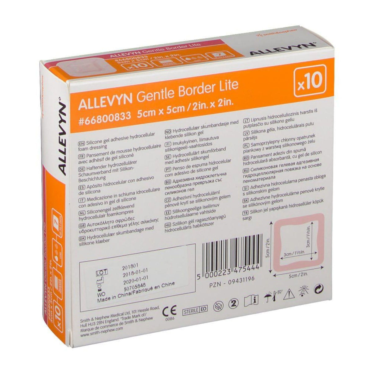 Smith+Nephew ALLEVYN Gentle Border Lite - Apósito para heridas, 2 x 2 pulgadas, caja de 10