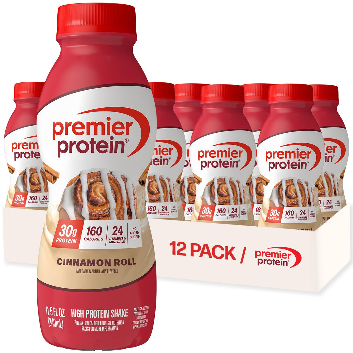 Premier Protein Shake, Batido Nutricional de Rollo de canela, 12 Piezas de 349 ml, 30g de Proteína por Porción, Bajo en Azúcar, Sin Gluten.