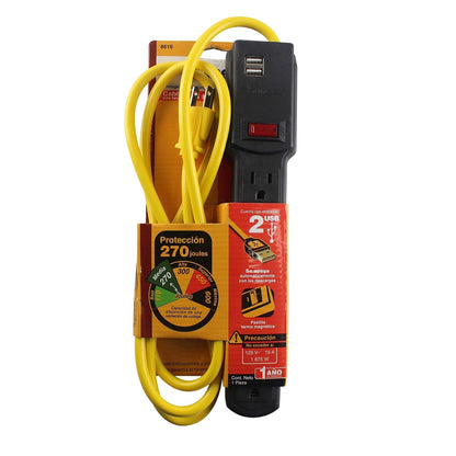 SANELEC, Barra Multicontacto con Supresor de Picos, 6 Contactos y 2 Entradas USB, Modelo 8618