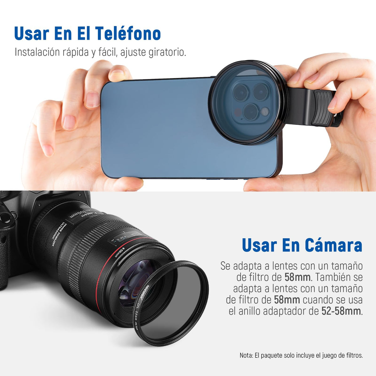 NEEWER 58mm Kit de Filtro de Lente con Clip de Lente de Teléfono, CPL, ND32, Filtro Estrella 6 Puntos, Filtros Graduados (4 Colores), Compatible con iPhone 16 15 14 Pro MAX 13 12 11 Canon Nikon Sony