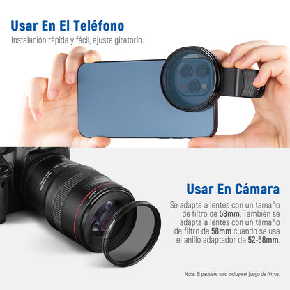 NEEWER 58mm Kit de Filtro de Lente con Clip de Lente de Teléfono, CPL, ND32, Filtro Estrella 6 Puntos, Filtros Graduados (4 Colores), Compatible con iPhone 16 15 14 Pro MAX 13 12 11 Canon Nikon Sony
