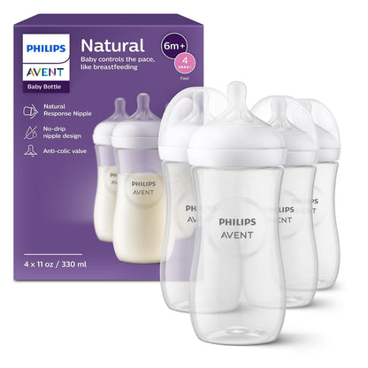 Philips Avent Biberón Natural Response, Flujo Lento, 4 Oz - Transparente - 4 Count (Pack of 1) - 11 onzas (paquete de 4) - 11 onzas