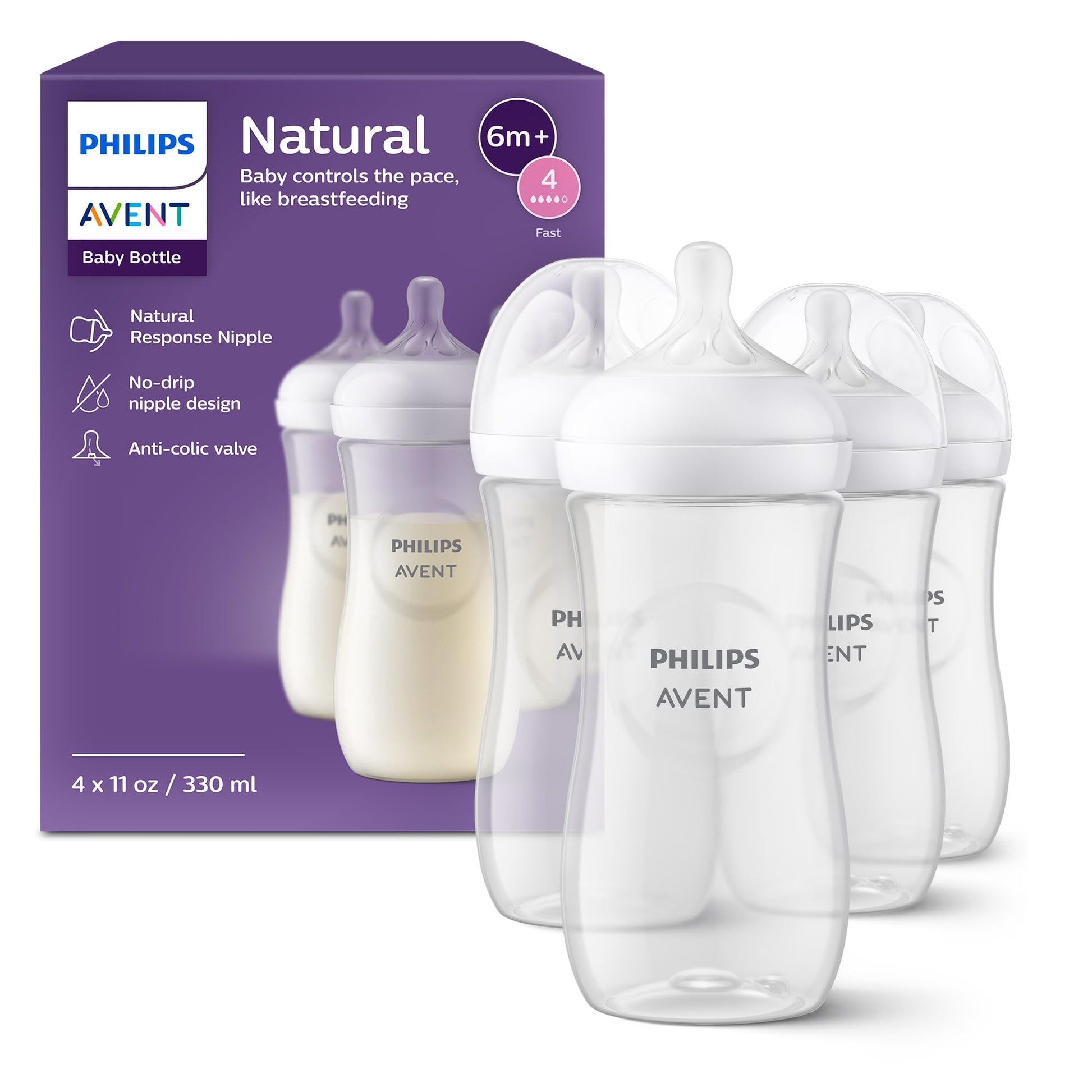 Philips AVENT Biberón natural con pezón de respuesta natural, transparente, 11 onzas, paquete de 4 unidades, SCY906/04