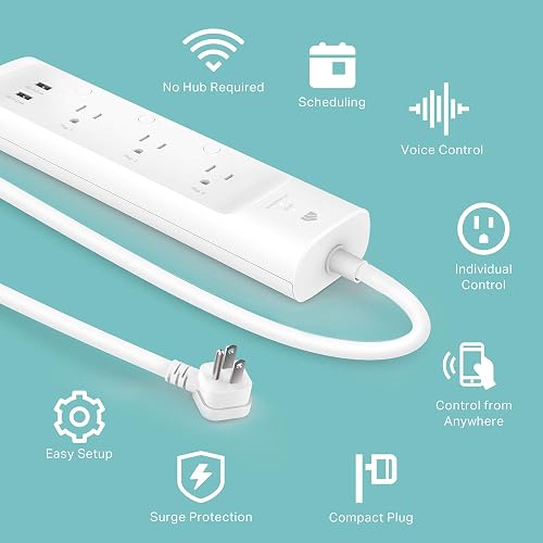 Kasa Smart Enchufe KP303, Protector de sobretensiones con 3 Tomas Inteligentes controladas Individualmente y 2 Puertos USB, Funciona con Alexa y Google Home, no Requiere concentrador, Color Blanco