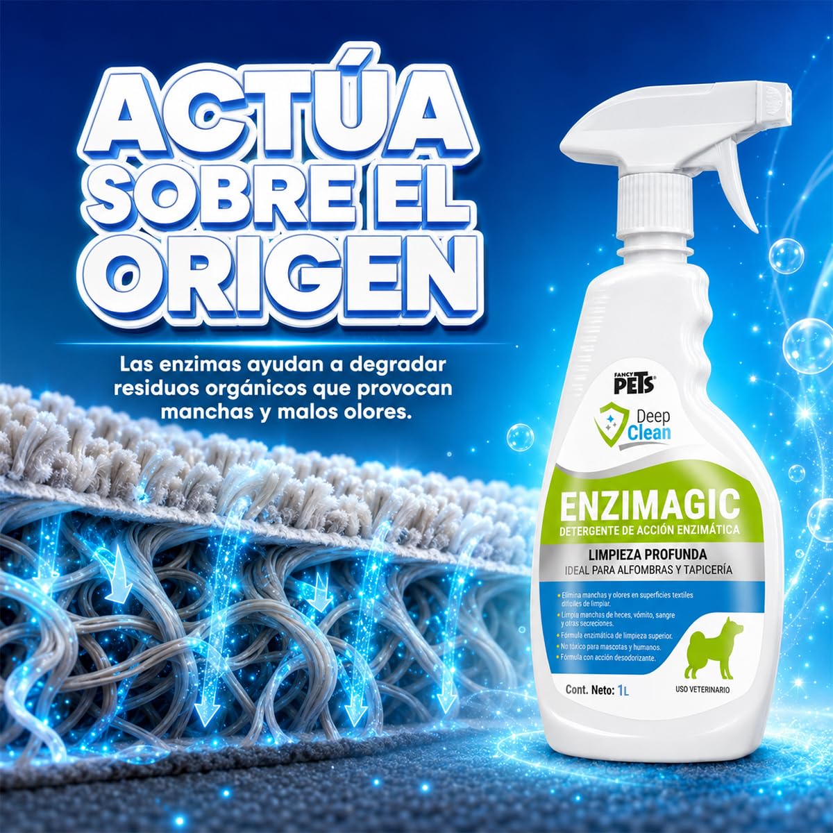 Fancy Pets Deep Clean Enzimagic Limpiador Eliminador de Manchas y Olores de Perros y/o Gatos en Alfombras, Tapicería y otras Telas con 1 Litro