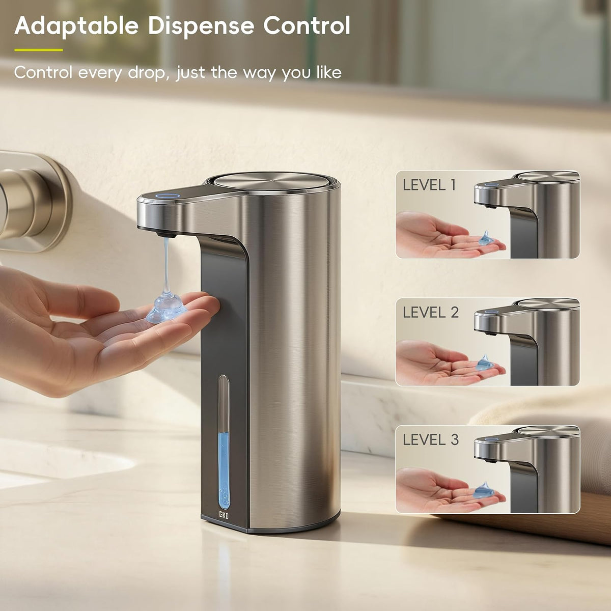 EKO Aroma - Dispensador automático de jabón sin Contacto para Cocina y baño, dispensador de jabón líquido para Manos, Resistente al Agua y Recargable, 9 onzas líquidas (Inoxidable)
