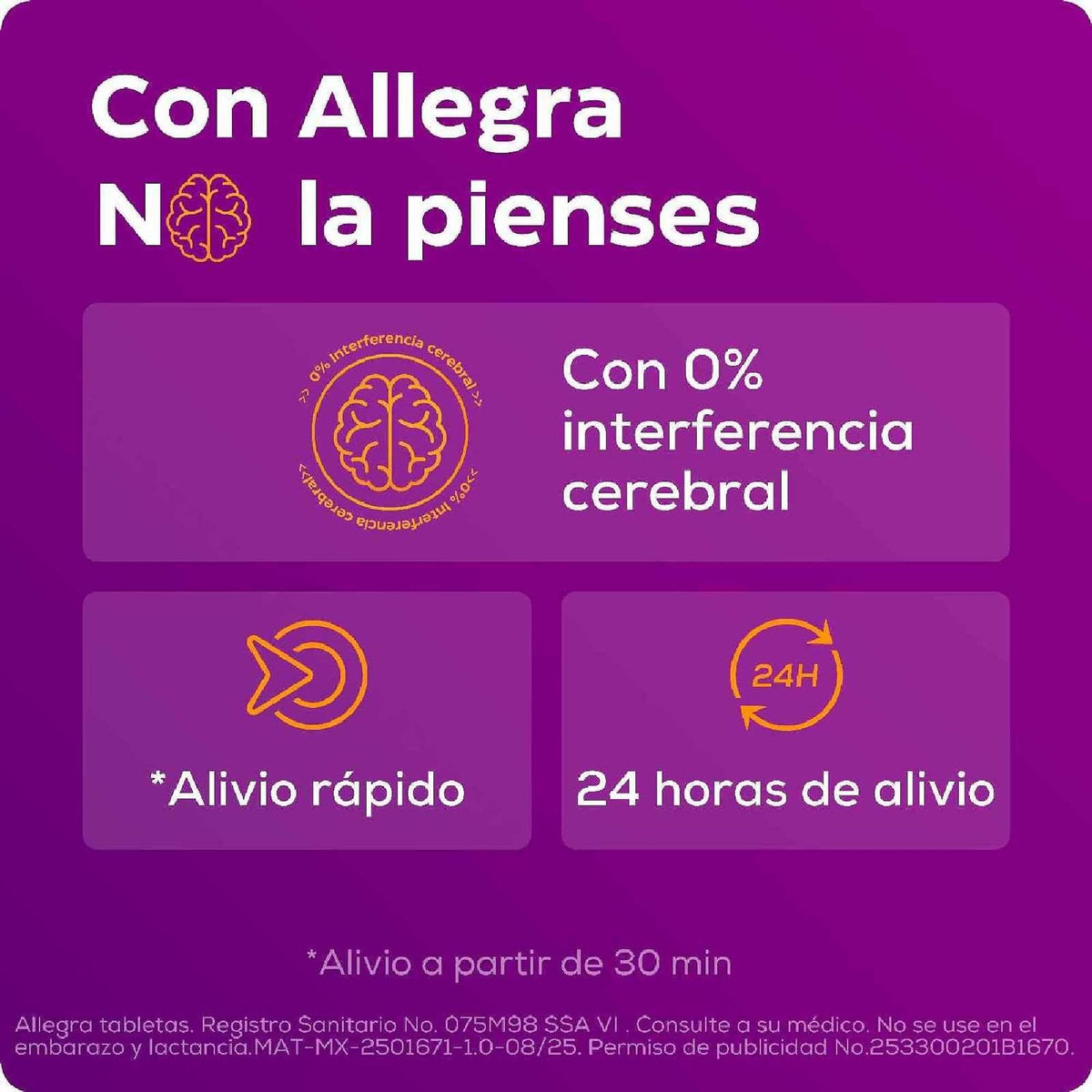 Allegra Antihistamínico para Alergias Leves a Moderadas 10 tabletas 120 mg. Controla los Síntomas de la Alergia a partir de 30 Minutos. No Causa Sueño