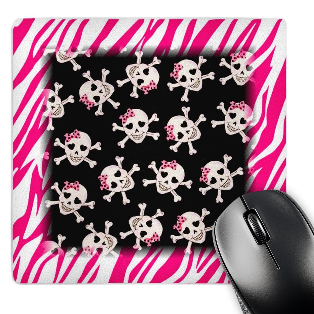3dRose 8 x 8 x 0.25 Inches Mouse Pad, Cute Black Skulls with Bows on Pink Zebra (mp_61793_1)
