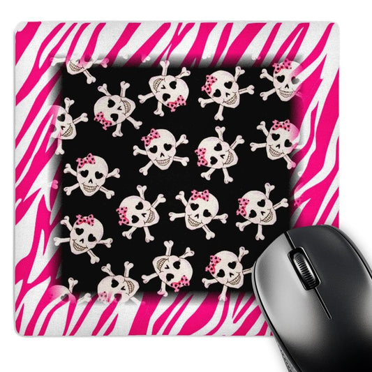 3dRose 8 x 8 x 0.25 Inches Mouse Pad, Cute Black Skulls with Bows on Pink Zebra (mp_61793_1)