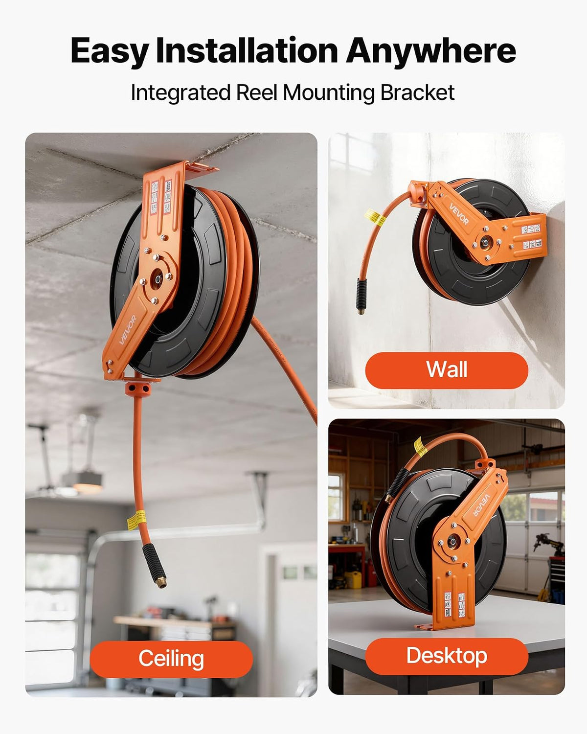 VEVOR - Carrete de manguera de aire retráctil (1/2 pulgada x 50 pies, máx. 300 psi), manguera de aire de goma con rebobinado automático y entrada de 5 pies.
