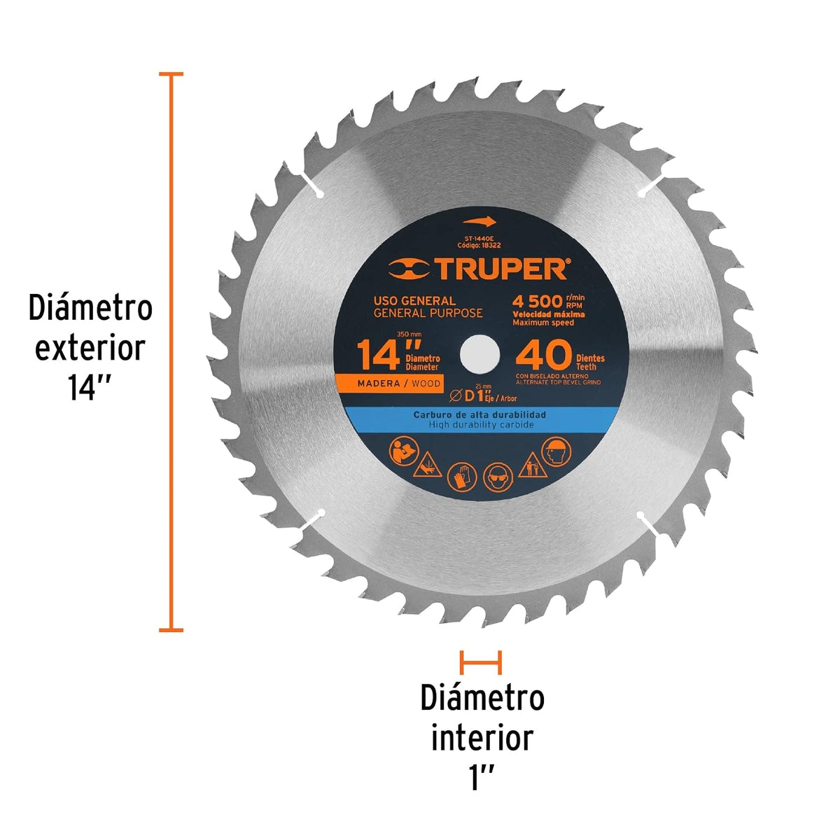 Truper ST-1440E, Disco sierra p/madera 14", 40 dientes, centro 1"