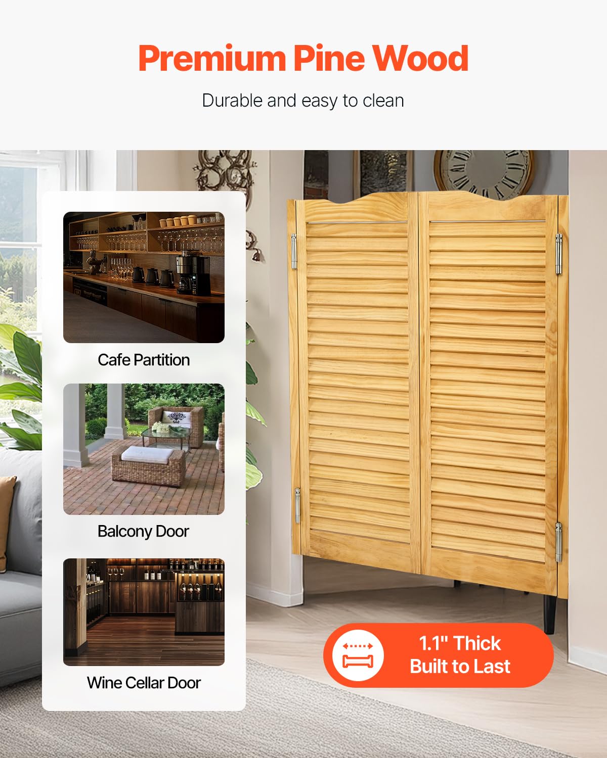 VEVOR - Puertas dobles de salón, 36 pulgadas de ancho x 42 pulgadas de alto, puertas de café con arco superior interior, madera de pino premium, con bisagras y kit de hardware, fácil de instalar, para