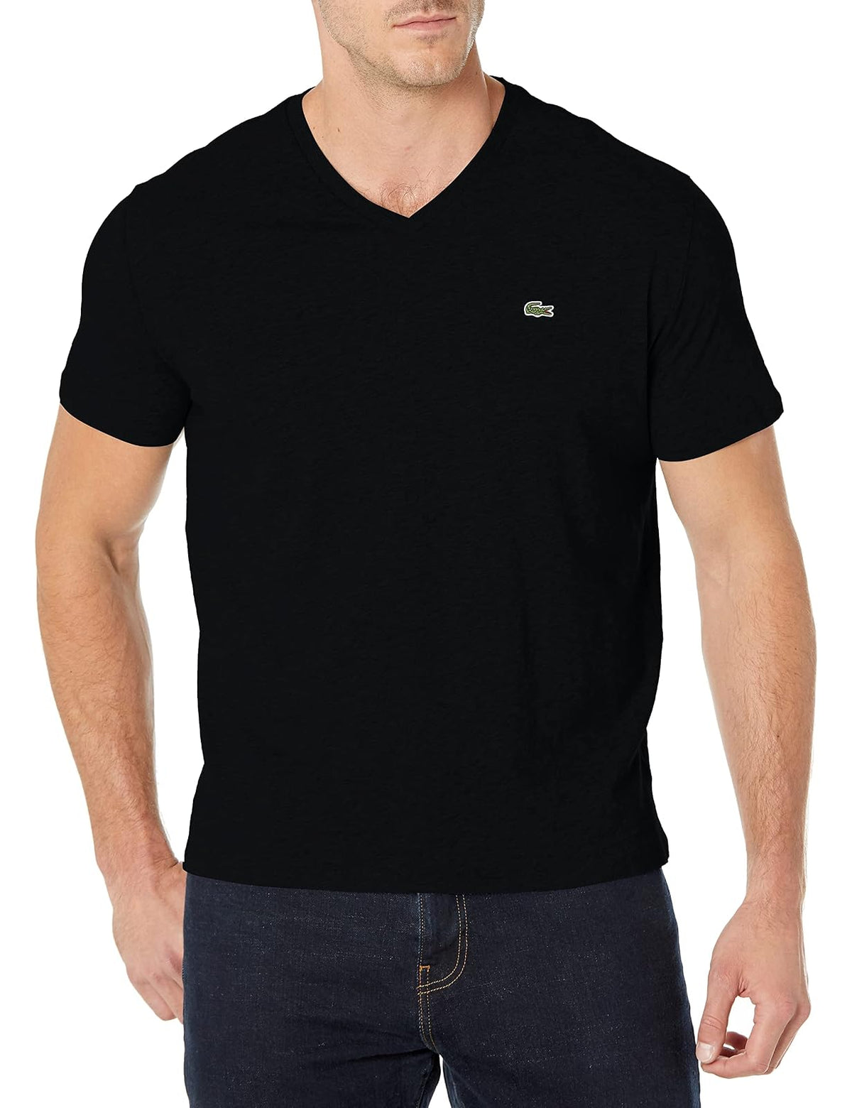 Lacoste Mens Short Sleeve V-Neck Pima Cotton Jersey T-Shirt - XS - Negro