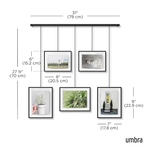 Umbra Exhibit Set de 5 Portarretratos Colgantes y Ajustables para Pared (2 de 10x15 y 3 de 13x18 cm), Negro