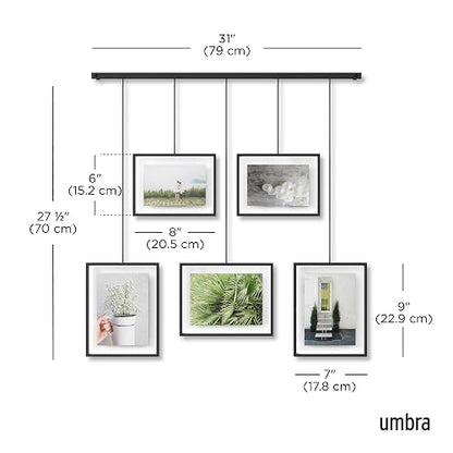 Umbra Exhibit Set de 5 Portarretratos Colgantes y Ajustables para Pared (2 de 10x15 y 3 de 13x18 cm), Negro