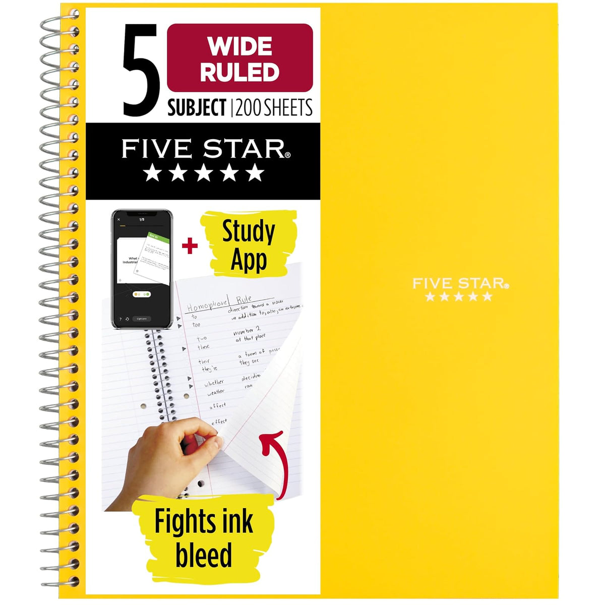 Five Star - Cuaderno de espiral (5 temas, papel rayado, 200 hojas, 10 1/2 x 8 cm), 09 Amarillo