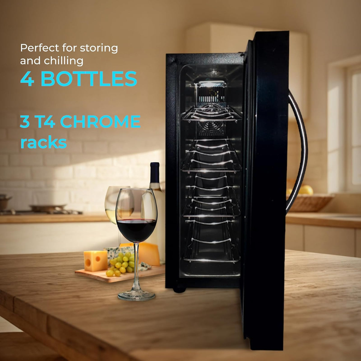 Koblenz Cava Enfriadora de Vinos de 4 Botellas de 750 ml, Temperatura de Una Zona, Cava de Vinos Termoeléctrica con Pantalla Digital y Controles Táctiles de Temperatura, Negro (EVFK-04)
