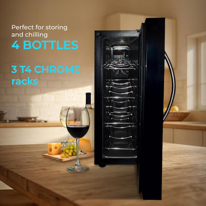 Koblenz Cava Enfriadora de Vinos de 4 Botellas de 750 ml, Temperatura de Una Zona, Cava de Vinos Termoeléctrica con Pantalla Digital y Controles Táctiles de Temperatura, Negro (EVFK-04)