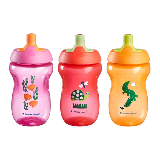 Tommee Tippee Vaso Entrenador Sporty, 1-3 Años, Antiderrames, 295ml | Paquete de 3, Boquilla Resistente a Mordidas, Fácil de Sujetar, Rosa, Rojo y Naranja, Libre de BPA