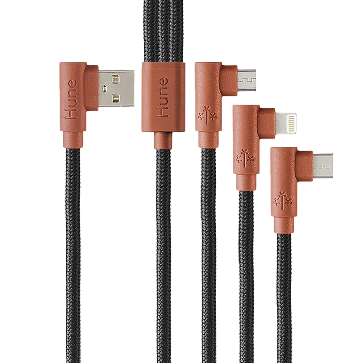 Hune Cable Sustentable 3 en 1 USB a Micro USB, Tipo C y Lightning 90° - Corteza