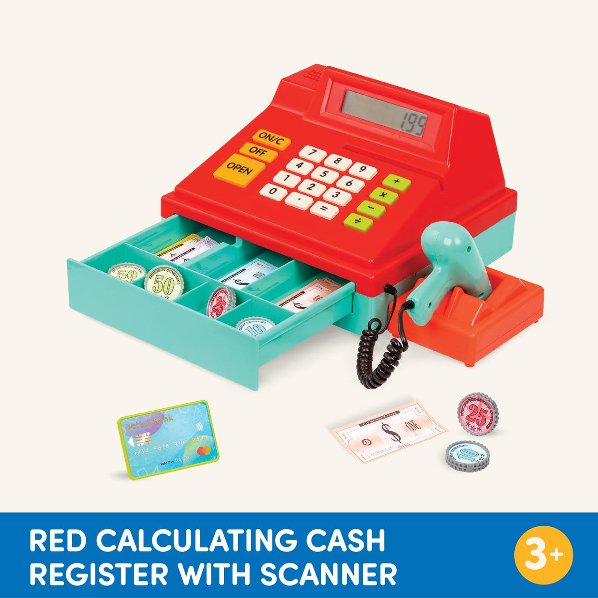 Battat - Caja registradora de Juguete roja con calculadora y escáner | Juego de 49 piezas con caja registradora, escáner, tarjeta, 6 monedas y 40 billetes; juego de compras y conteo; 3 años y +
