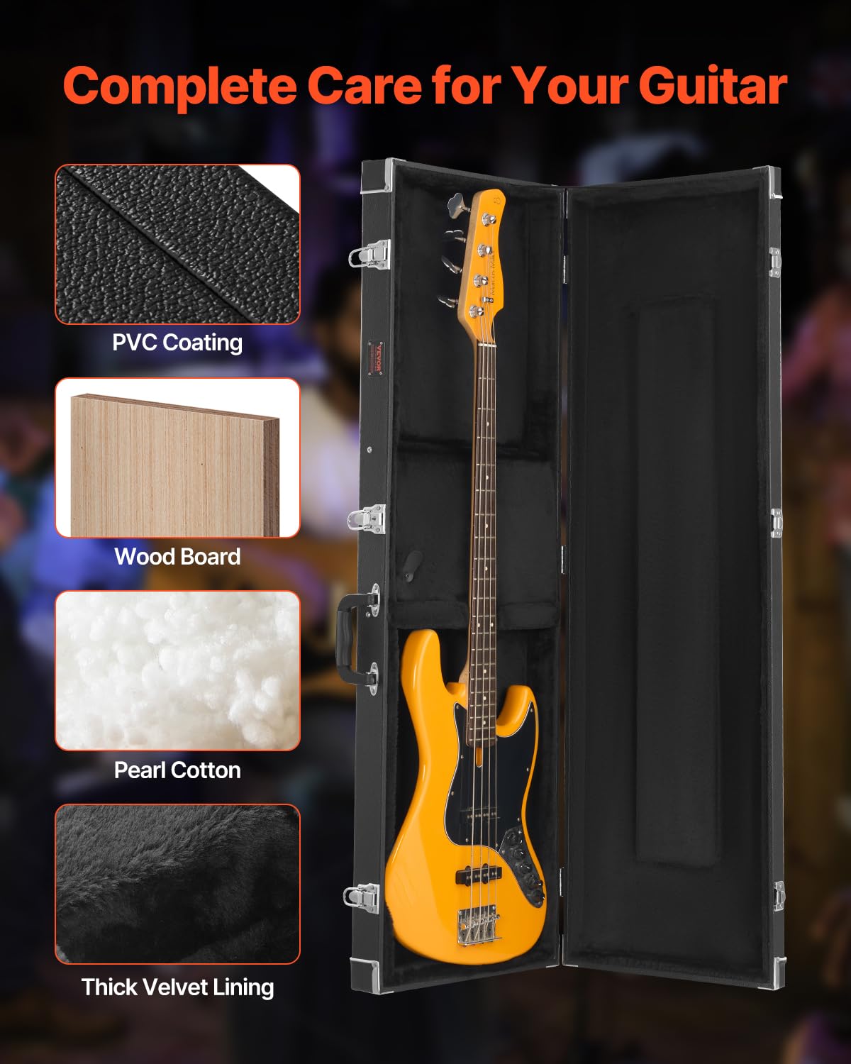 VEVOR - Funda rígida para guitarra de bajo, rectangular de 46.5 pulgadas, con cierre de llave, acolchado de PVC, forro suave, resistente al agua, funda rígida para guitarra de bajo de 39 a 46.5