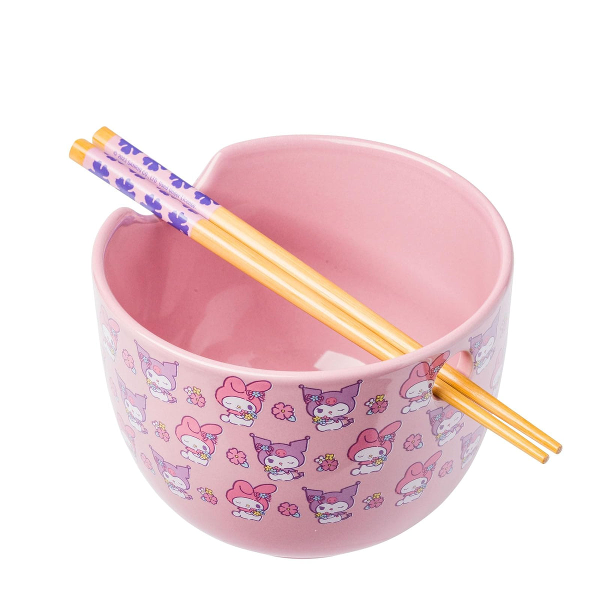 Silver Buffalo Tazón de Cerámica para Ramen con Palillos y Cuchara, 592 ml - My Melody and Kuromi Flowers