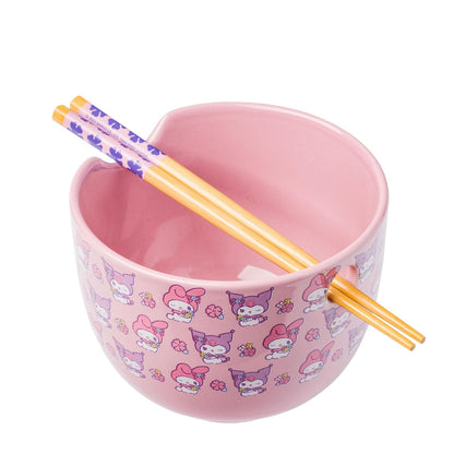 Silver Buffalo Tazón de Cerámica para Ramen con Palillos y Cuchara, 592 ml - My Melody and Kuromi Flowers