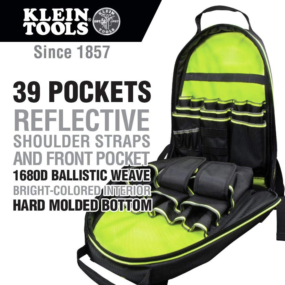 Klein Tools 55597 Mochila para bolsa de herramientas, organizador de herramientas Tradesman Pro con 39 bolsillos, reflectante de alta visibilidad, correas acolchadas para el hombro, base moldeada